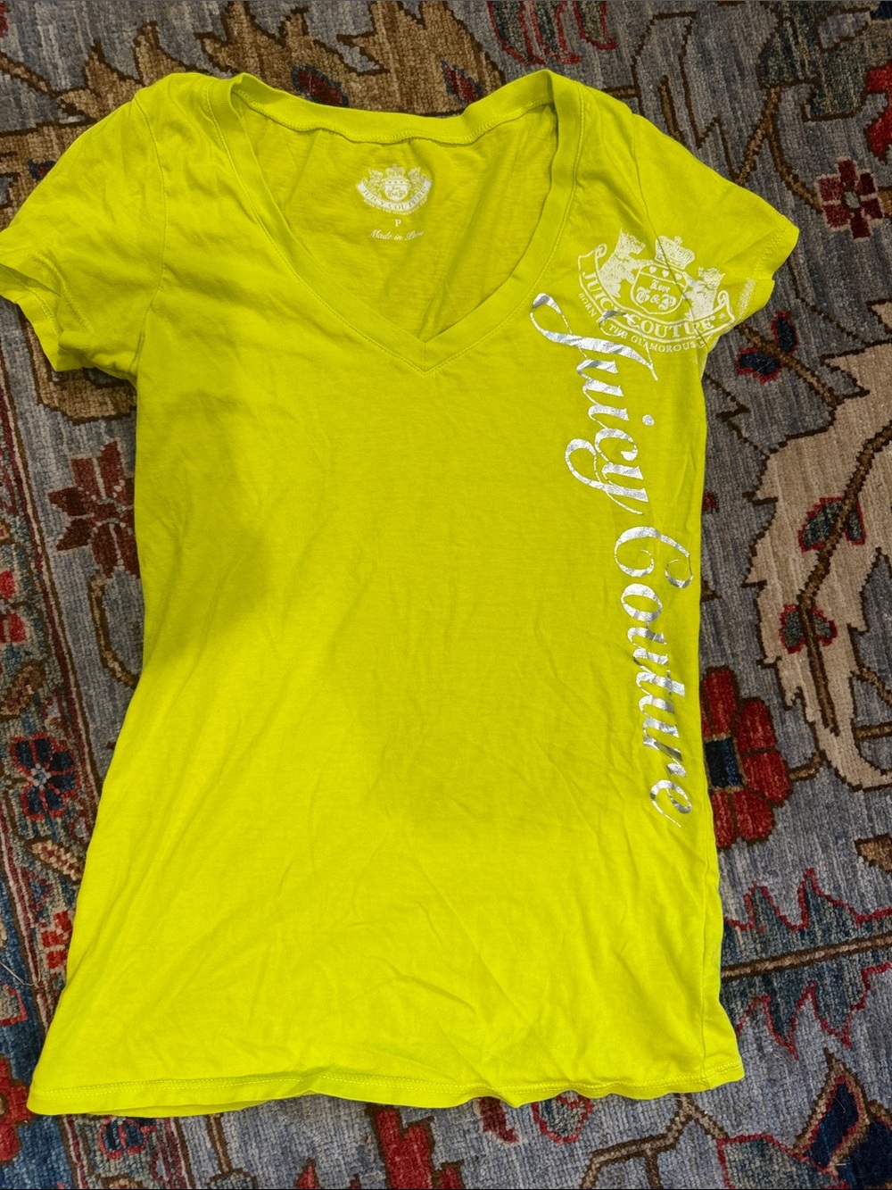 Juicy Couture Neon Lime V-Neck Tee with Metallic Logo